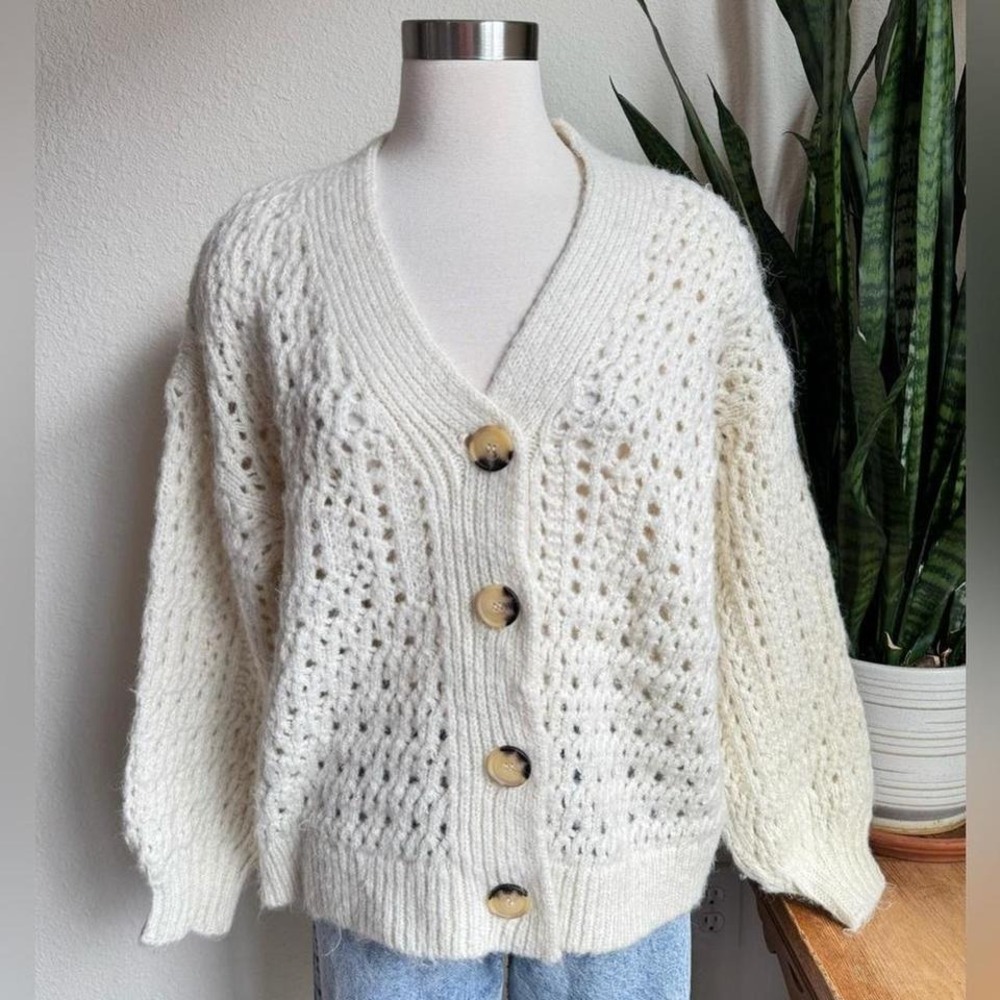 Cream Cardigan Chunky Knit Grandpa oversized‎ fit Cozy Open Weave Boho small